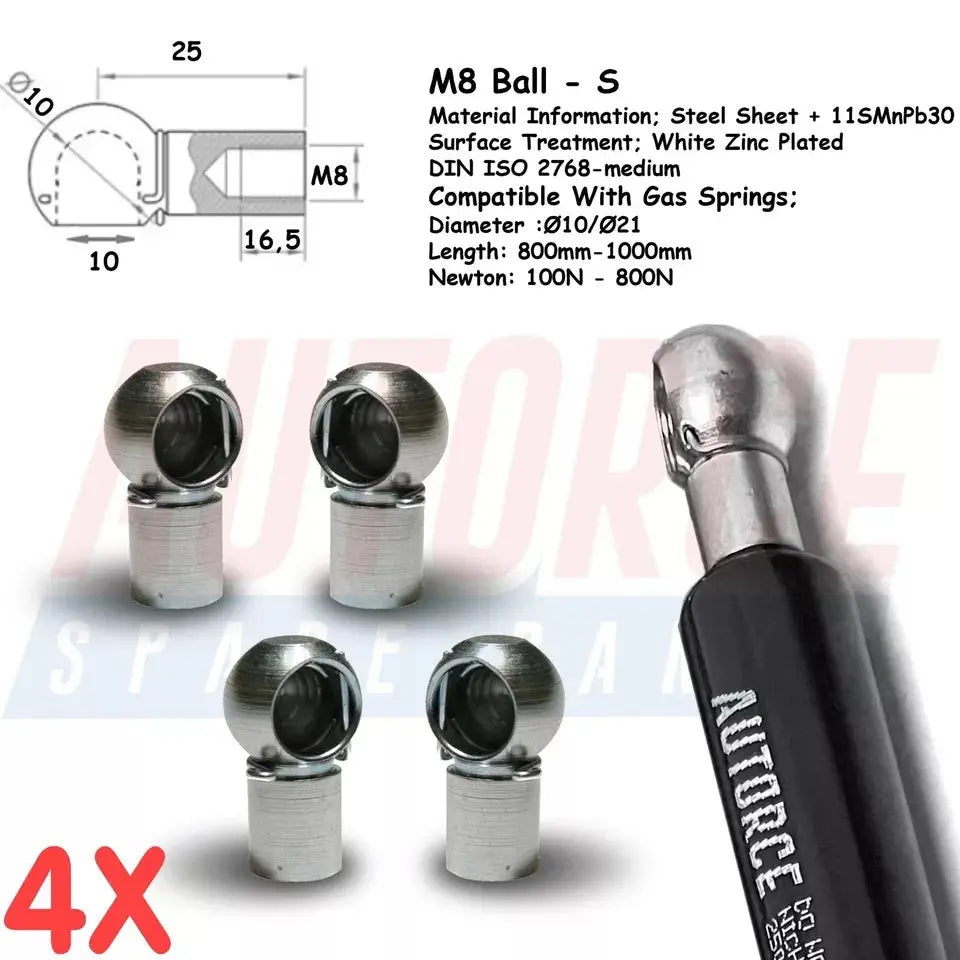 4 Piece Set of M6 M8 M10 Ball Heads for Gas Struts End Fittings, Boot Bonnet or Universal Gas Lift Ball Heads