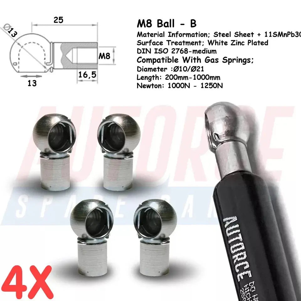 4 Piece Set of M6 M8 M10 Ball Heads for Gas Struts End Fittings, Boot Bonnet or Universal Gas Lift Ball Heads