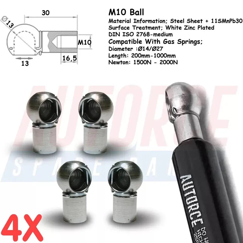 4 Piece Set of M6 M8 M10 Ball Heads for Gas Struts End Fittings, Boot Bonnet or Universal Gas Lift Ball Heads