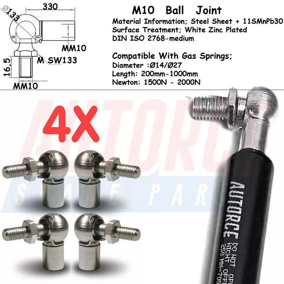 4 Piece Set of M6 M8 M10 Ball Joint Heads for Gas Struts End Fittings Ball Stud Boot Bonnet or Universal Gas Lift Heads