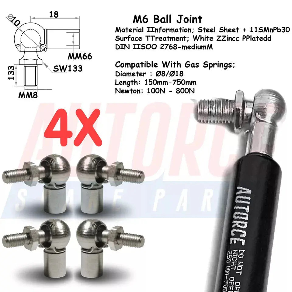 4 Piece Set of M6 M8 M10 Ball Joint Heads for Gas Struts End Fittings Ball Stud Boot Bonnet or Universal Gas Lift Heads