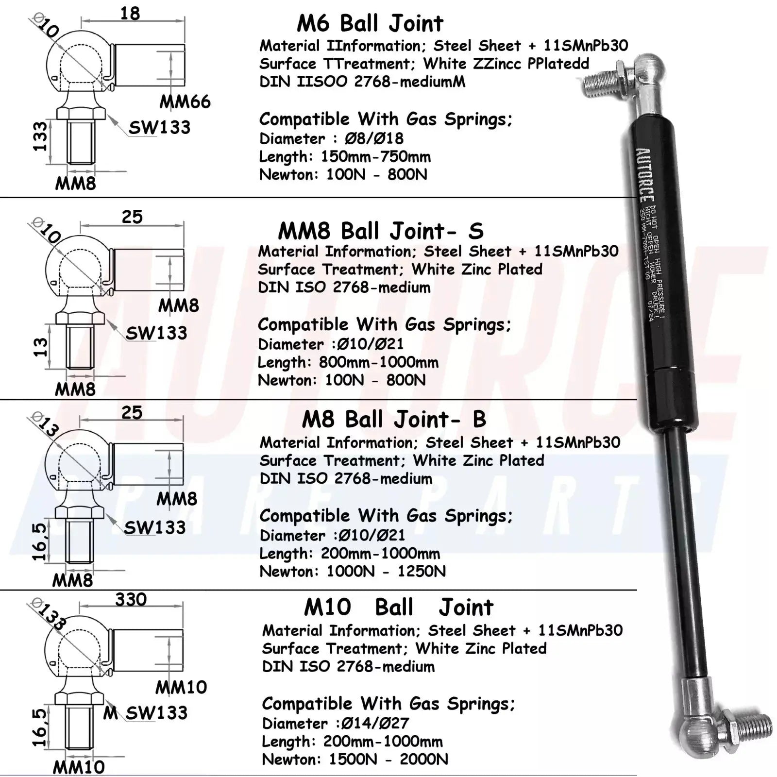 4 Piece Set of M6 M8 M10 Ball Joint Heads for Gas Struts End Fittings Ball Stud Boot Bonnet or Universal Gas Lift Heads