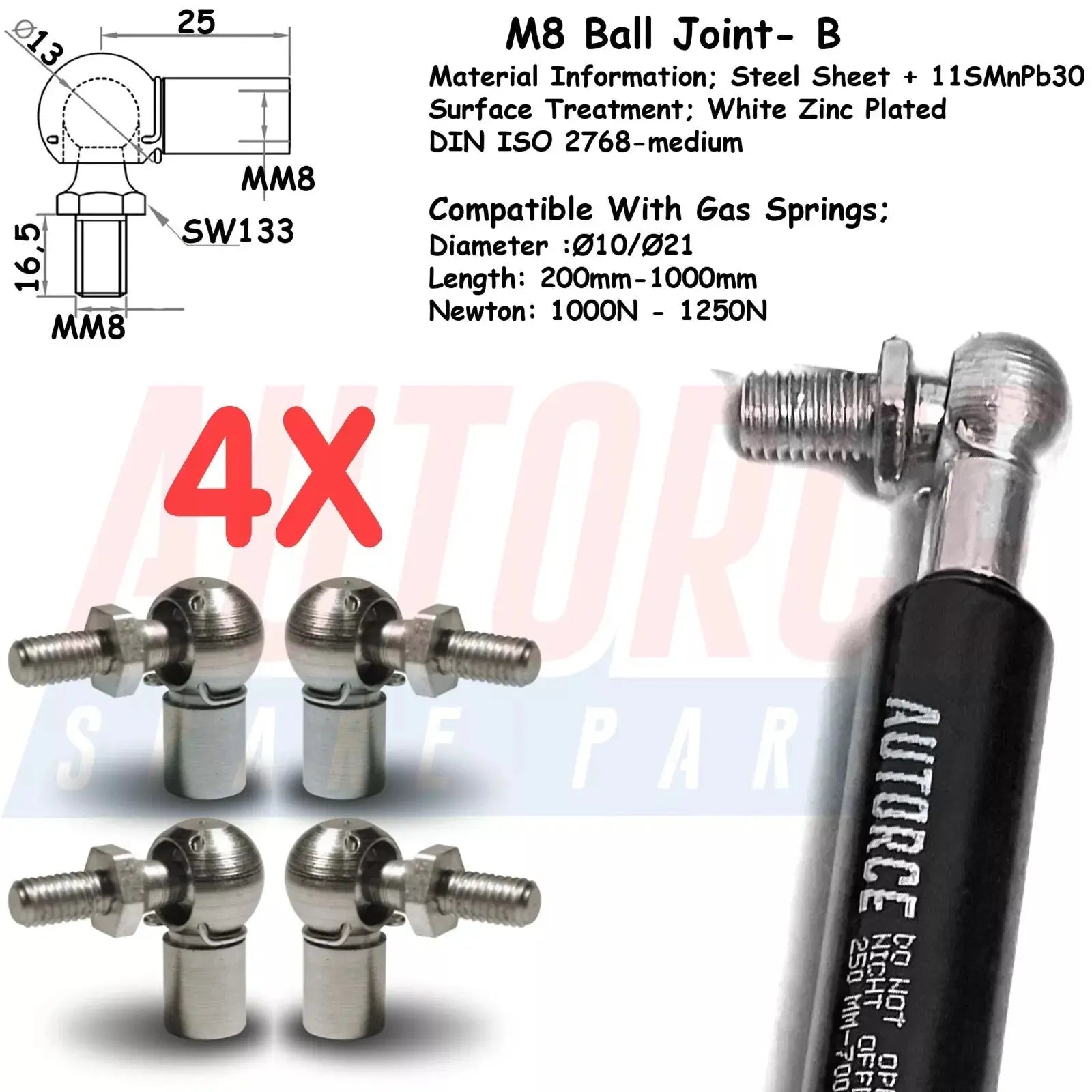 4 Piece Set of M6 M8 M10 Ball Joint Heads for Gas Struts End Fittings Ball Stud Boot Bonnet or Universal Gas Lift Heads