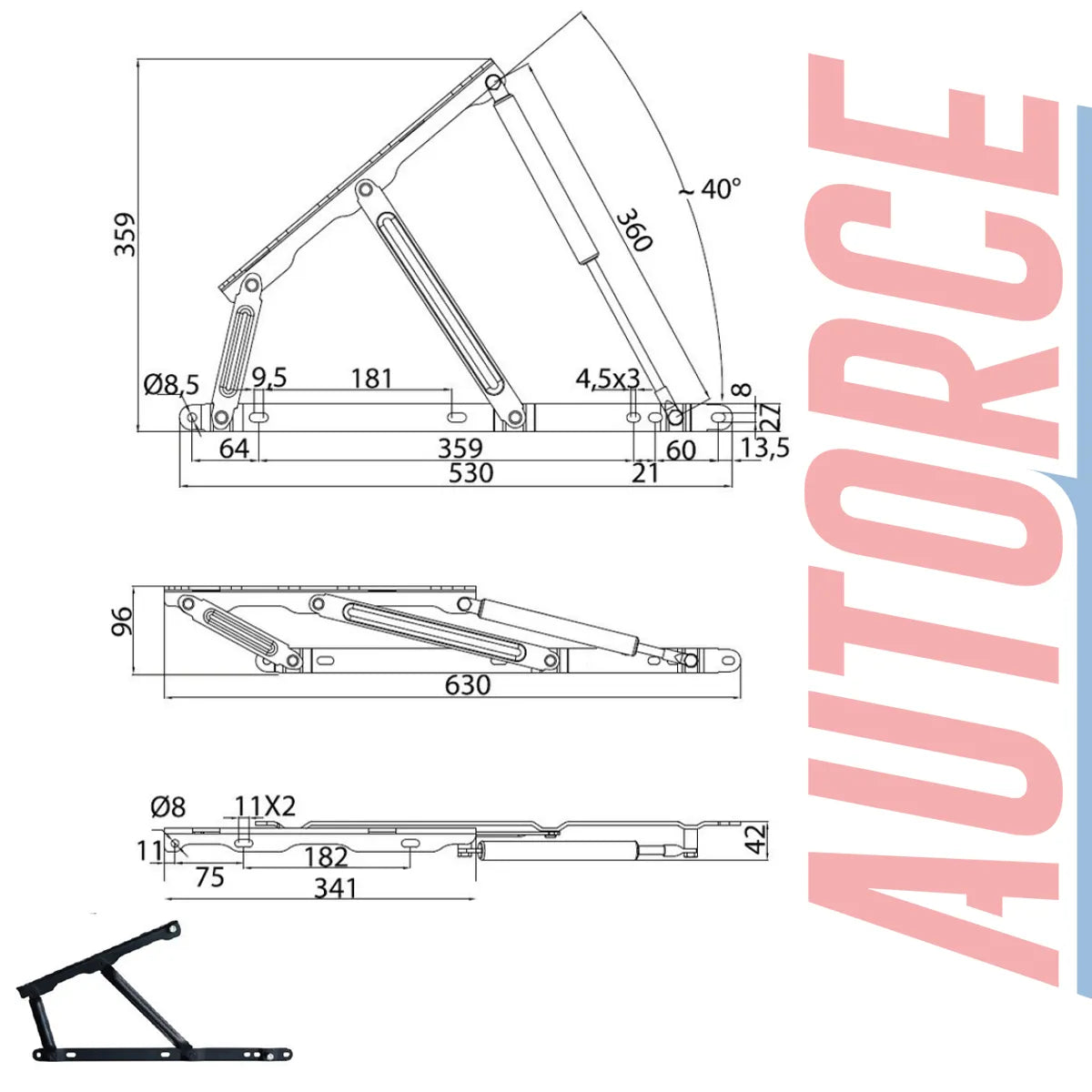 M8 eyelet fitting on 800N bed gas strut with 360-degree articulation