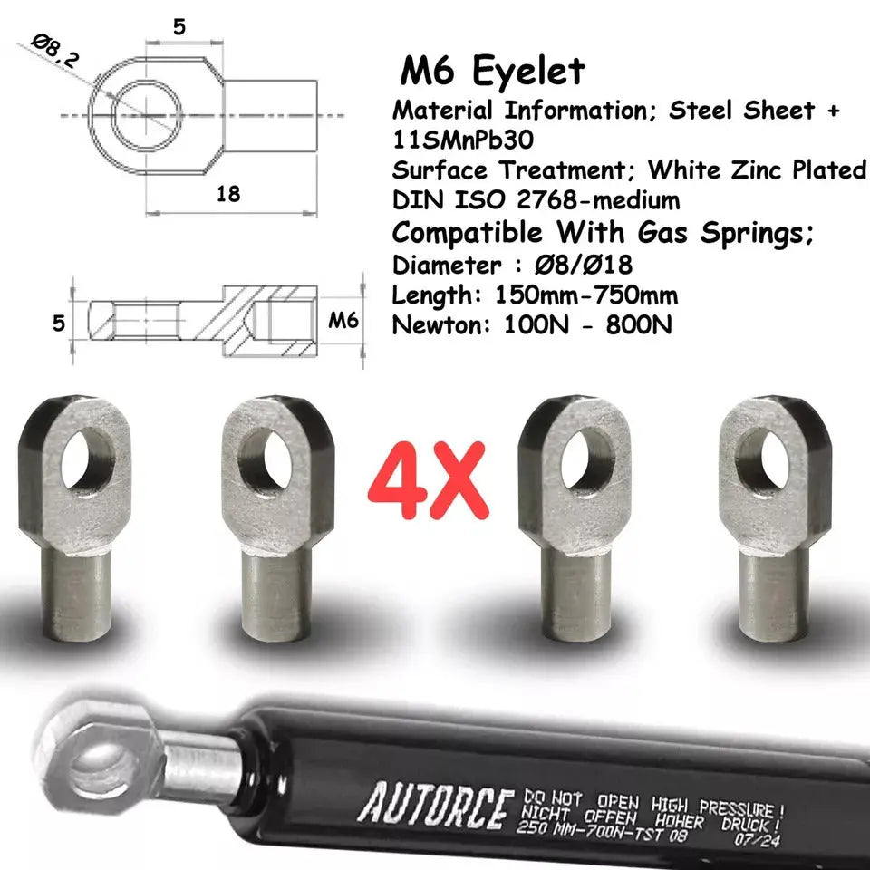 4 Piece Set of M6 M8 M10 Eyelet Heads for Gas Struts End Fittings Eyelet Boot Bonnet or Universal Gas Lift Heads