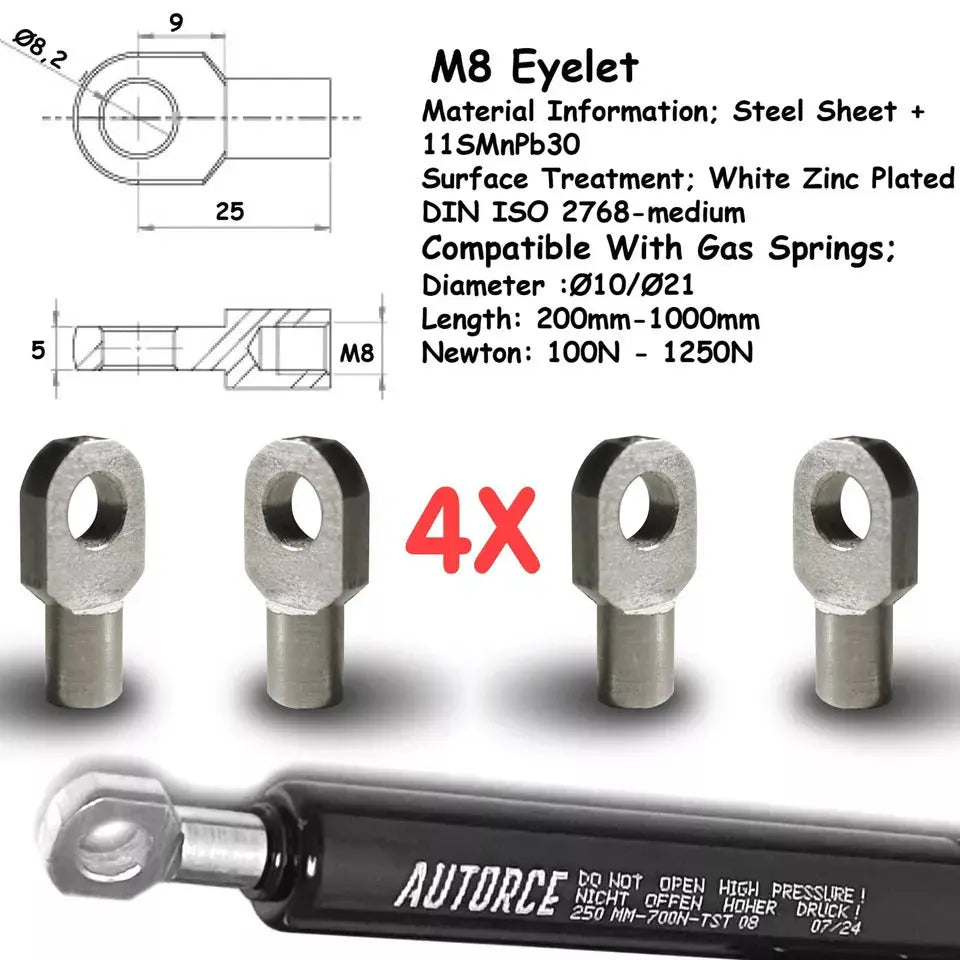 4 Piece Set of M6 M8 M10 Eyelet Heads for Gas Struts End Fittings Eyelet Boot Bonnet or Universal Gas Lift Heads