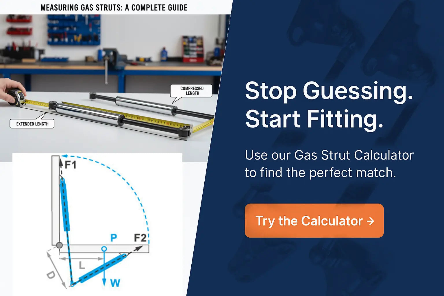 Autorce Free gas strut calculator tool showing measurement inputs for lid length, width, weight and mounting points to find perfect gas spring force in Newtons