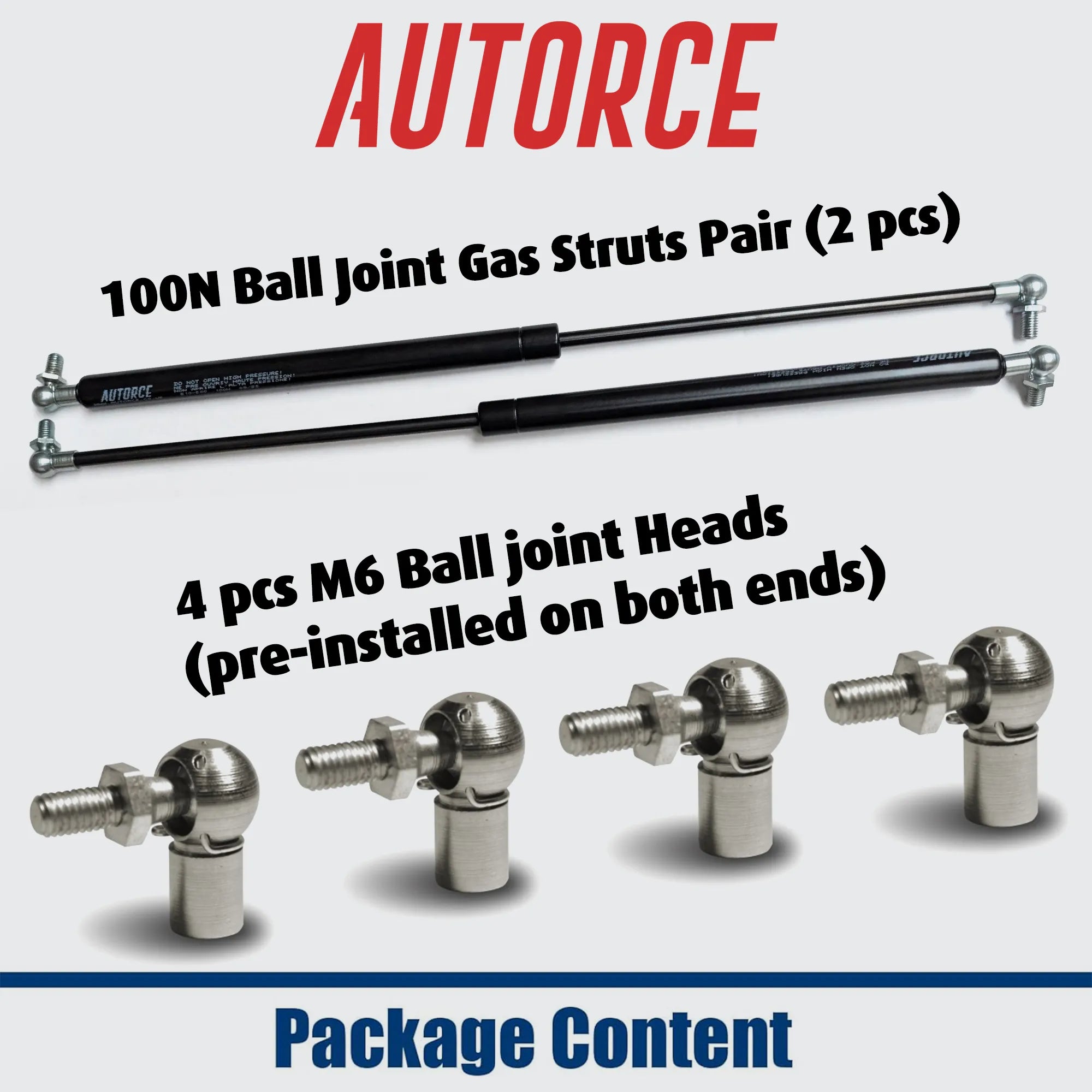 100N lift support gas struts with M6 ball joint heads supplied as set of two