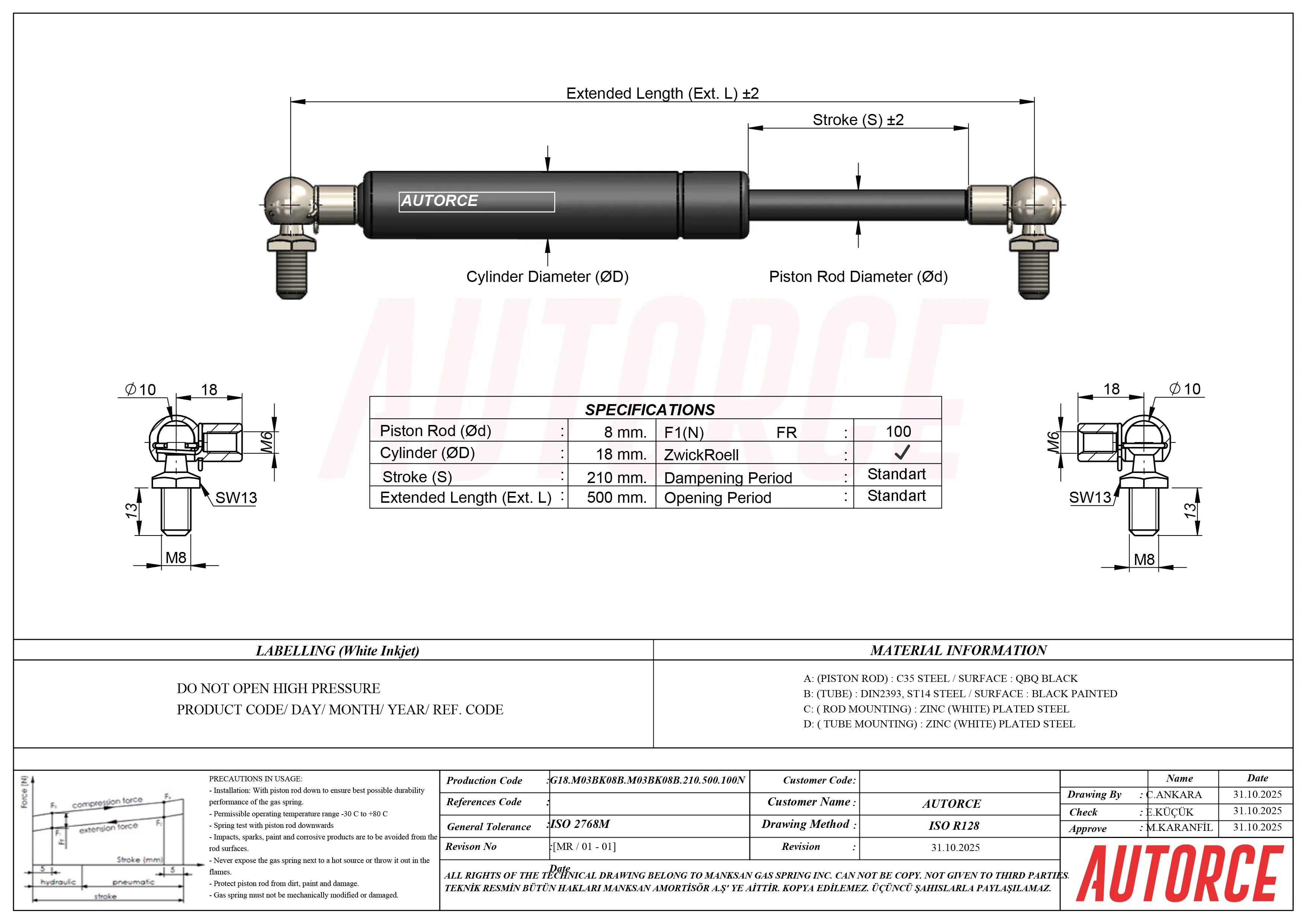 M6 ball joint gas strut pair providing heavy duty lift support for doors and lids