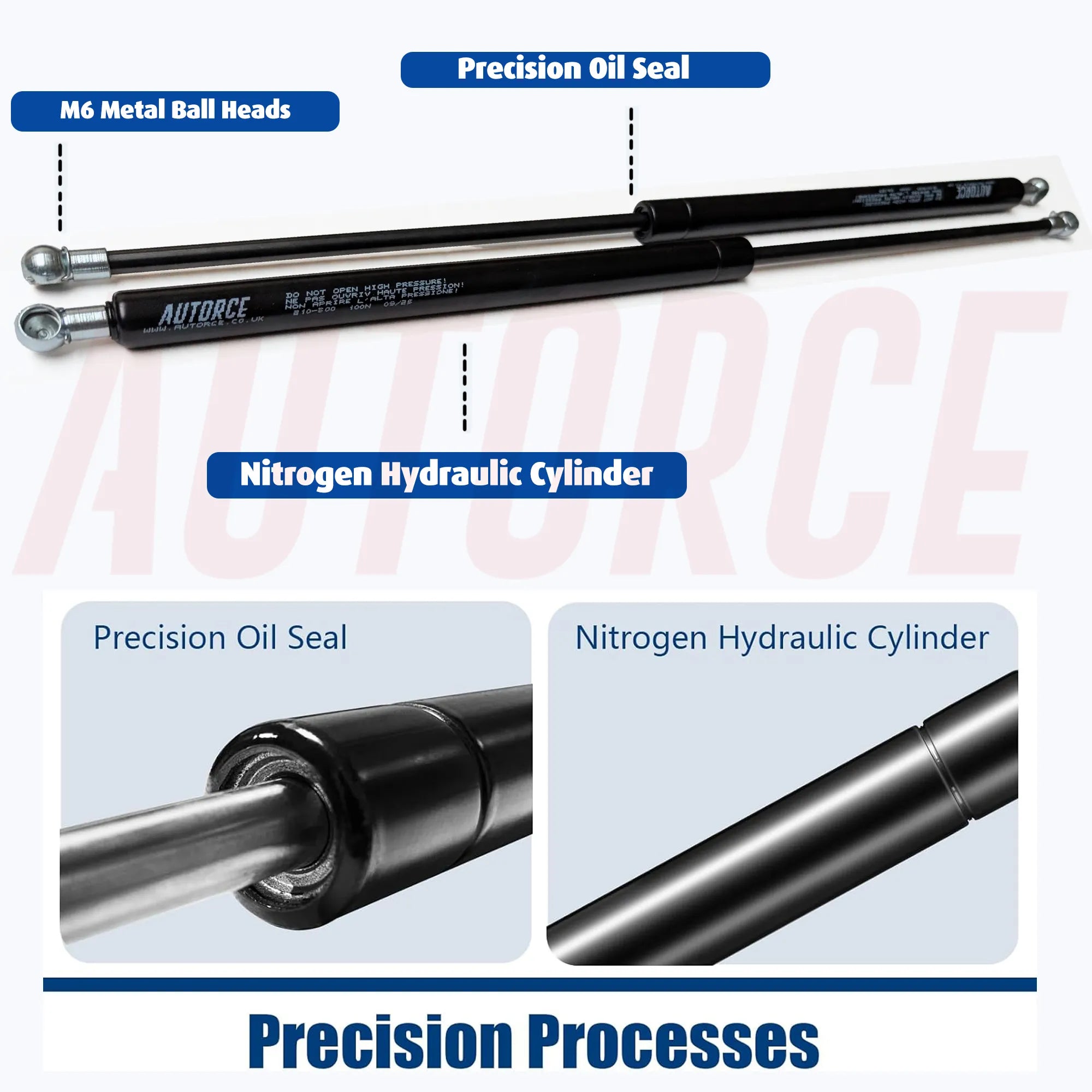 AUTORCE 100N gas strut with 500mm open length and 210mm stroke, strong lift support for automotive, beds and industrial applications.