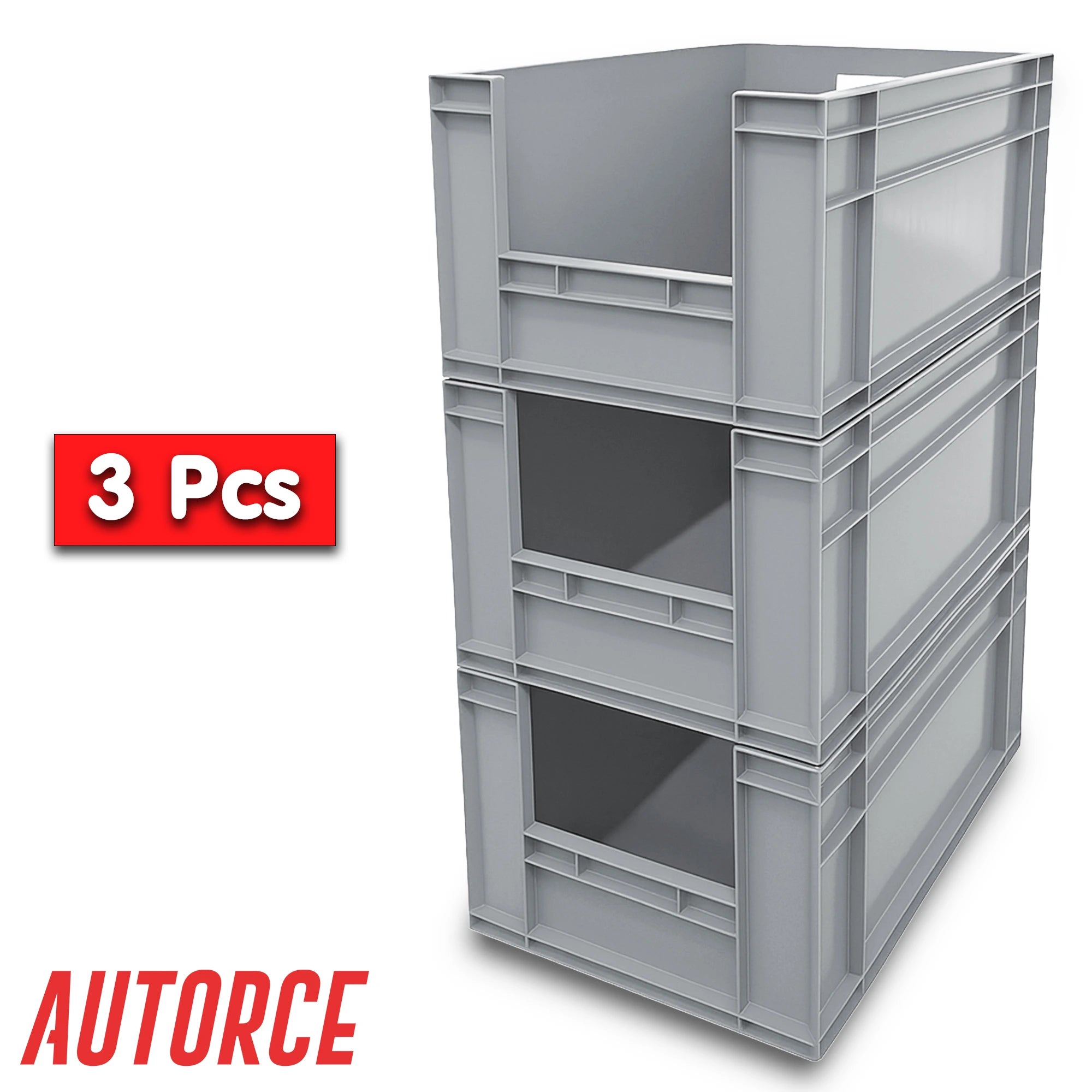 3x 66L Open Front Storage Euro Crate Boxes (400x600x340mm) Grey | AUTORCE