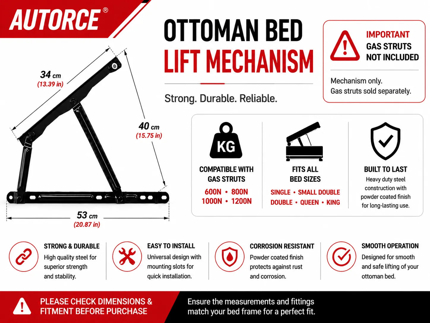 Ottoman Storage Bed Lift Mechanism Hardware Kit – Strong Powder Coated Steel Frame for King and Extra Large Under Bed Storage Systems