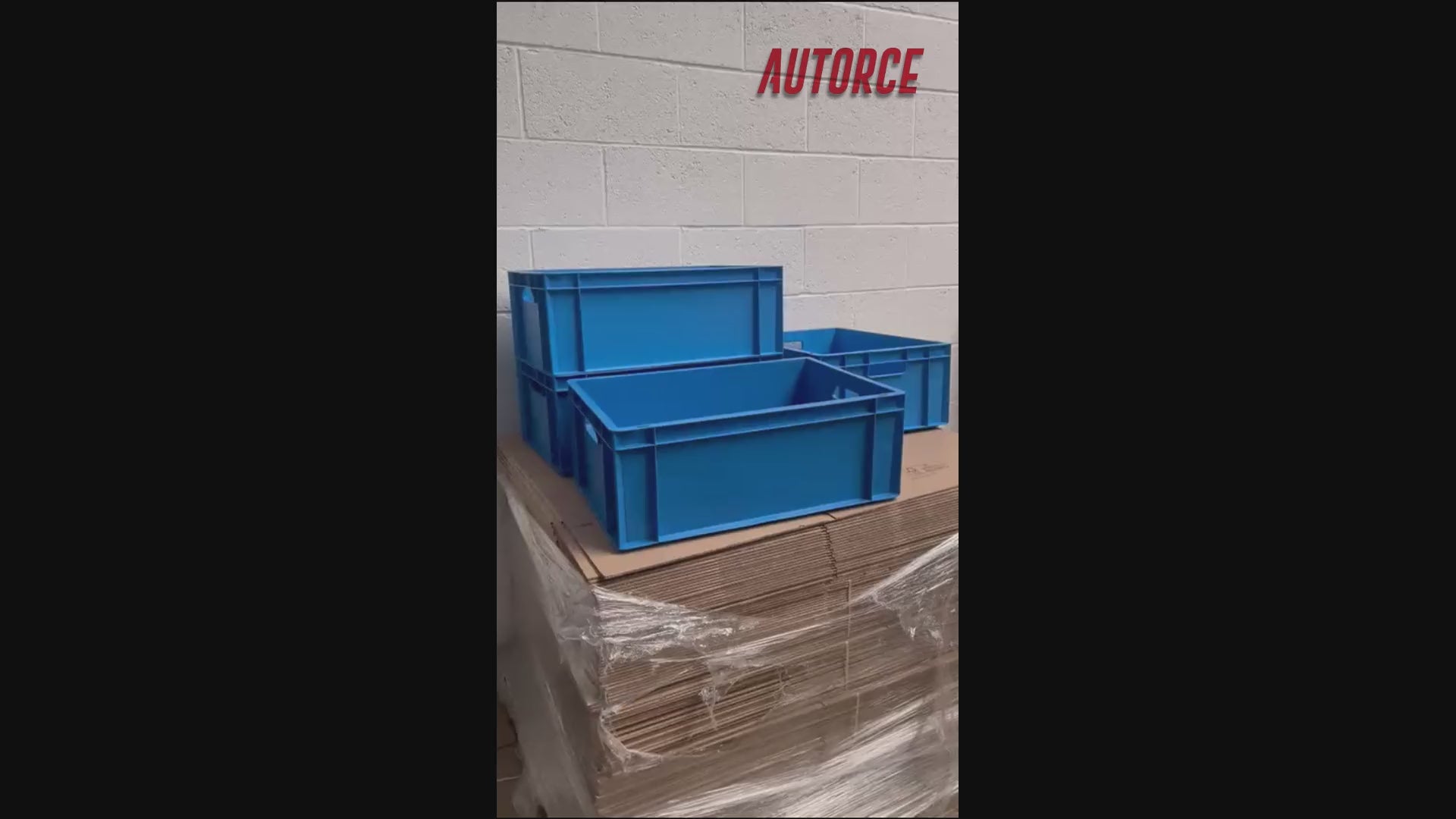 4 pack 46 litre grey and blue heavy duty industrial plastic storage crates by AUTORCE – durable stackable euro boxes for warehouse, workshop and garage storage