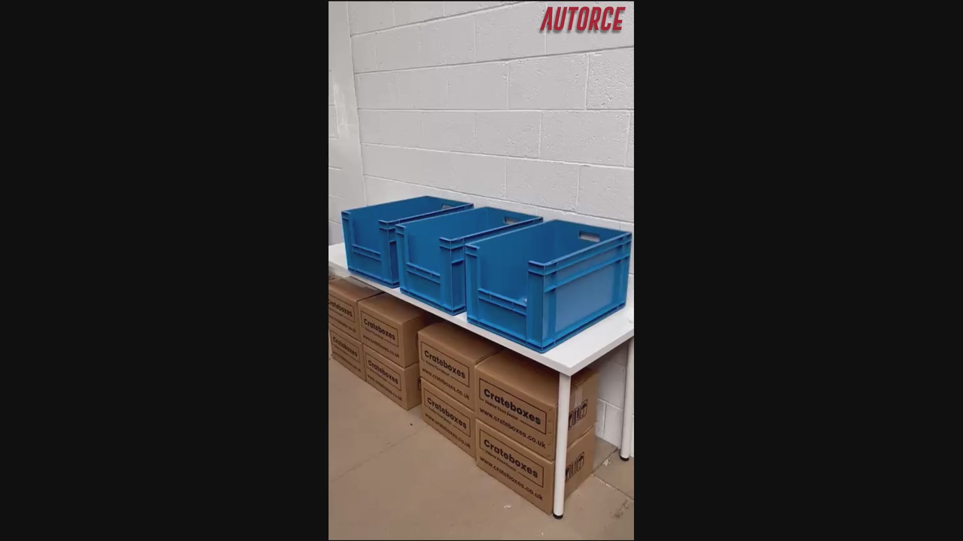 heavy duty blue and grey industrial plastic storage crates by AUTORCE – durable stackable euro boxes for warehouse, workshop and garage organisation