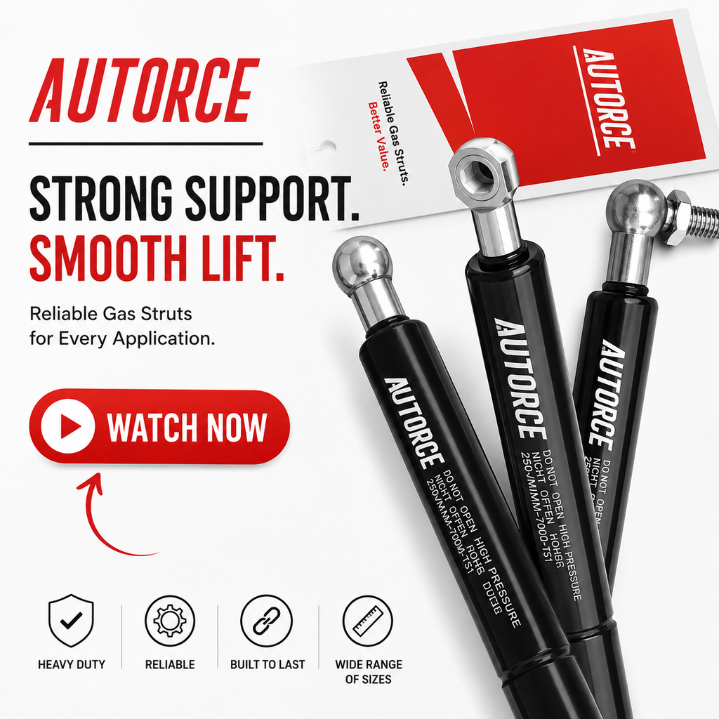 AUTORCE gas struts with eyelet, ball or ball joint ends, heavy-duty gas spring lift supports for furniture, storage boxes, cabinets, camper vans, automotive and industrial applications.