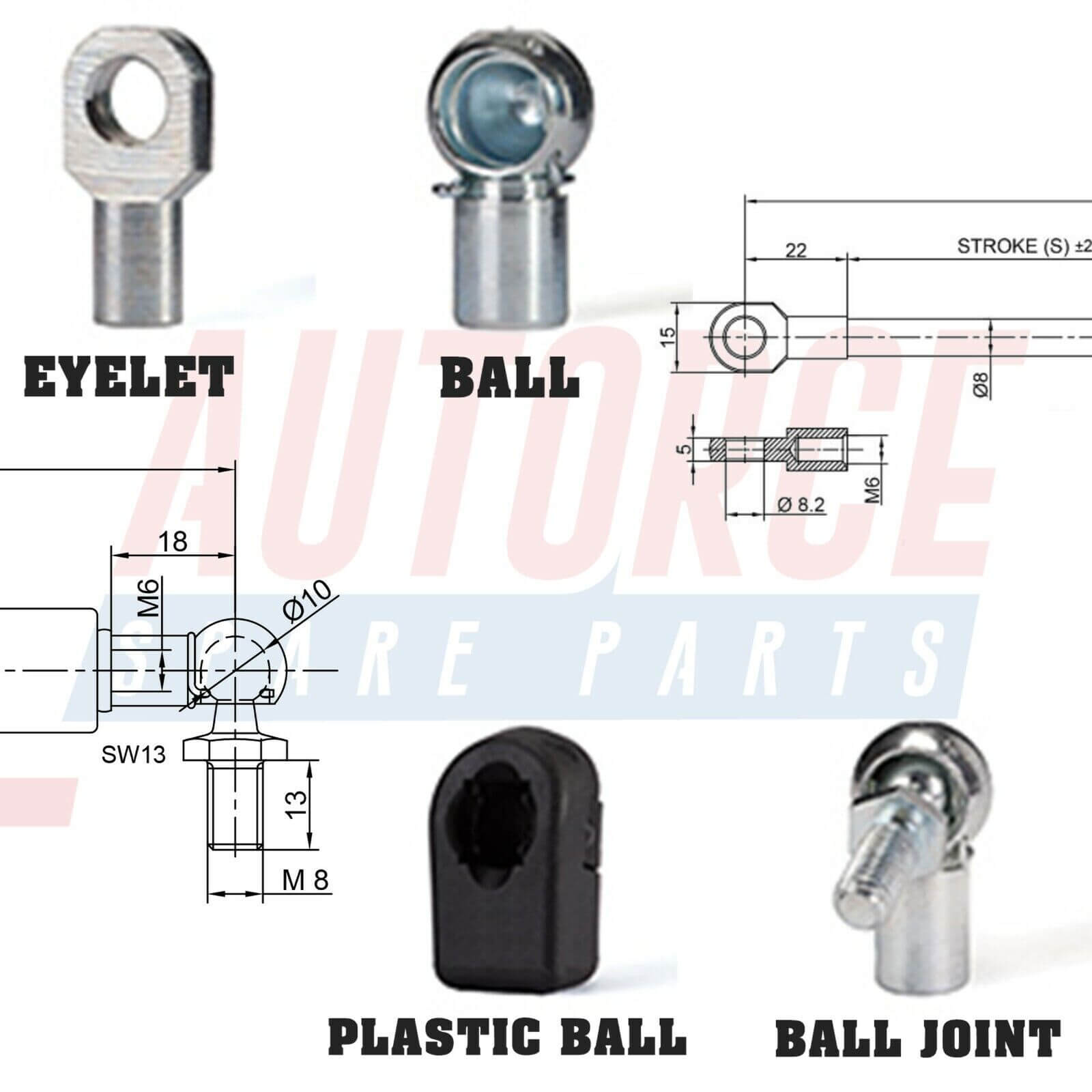 2X Ball Joint Eyelet Ball Female End Fittings M6 To Universal Gas Struts Springs