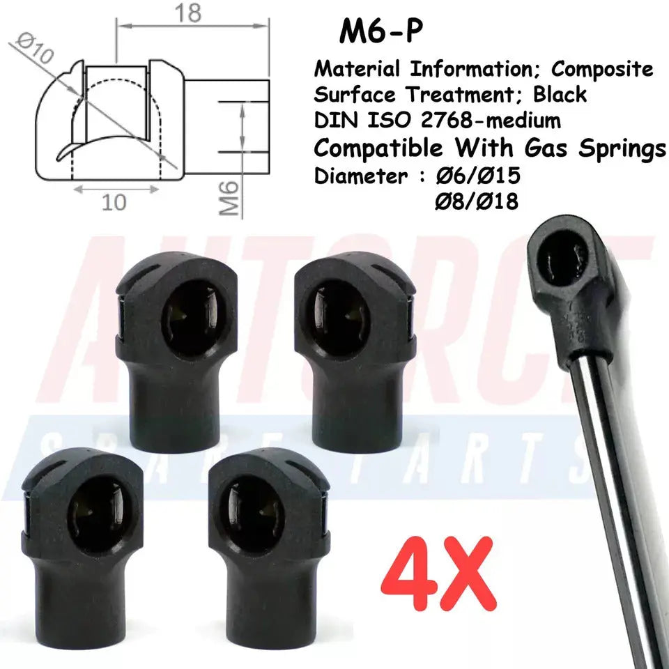 4 Piece Set of M6 M8 M10 Plastic Ball Heads for Gas Struts End Fittings, Boot Bonnet or Universal Gas Lift Plastic Ball Heads