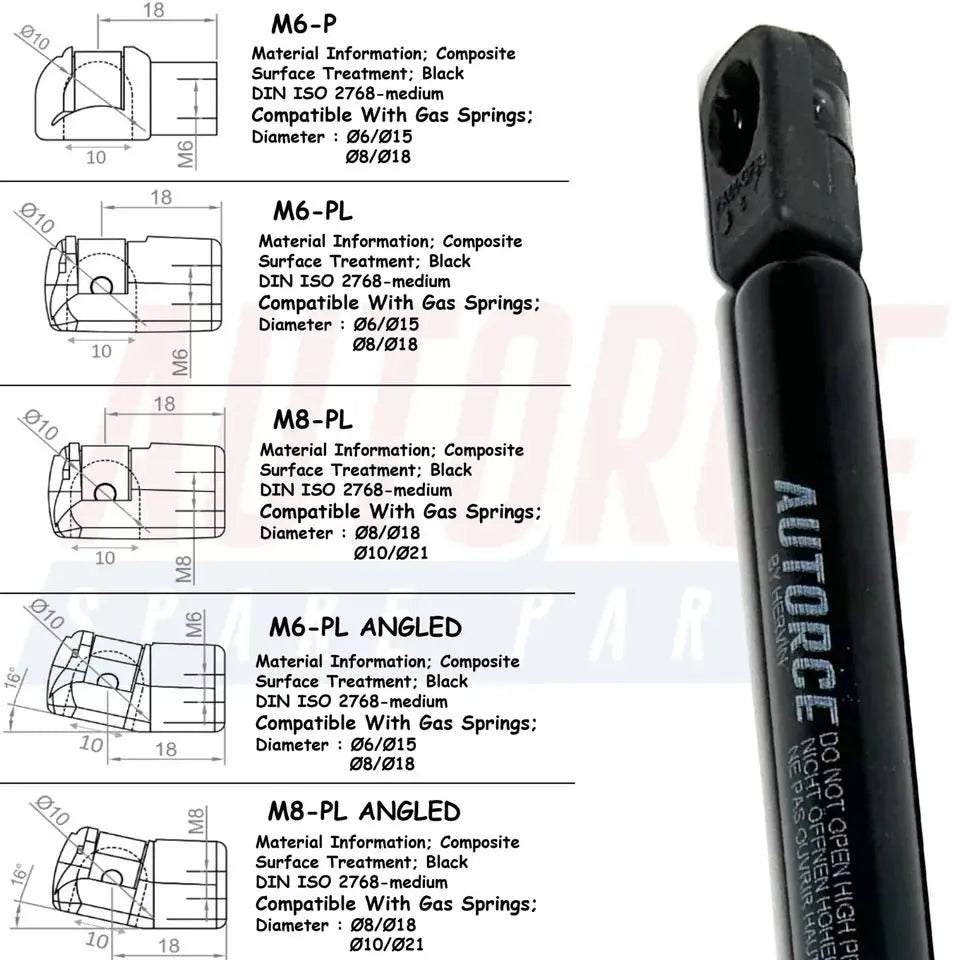 4 Piece Set of M6 M8 M10 Plastic Ball Heads for Gas Struts End Fittings, Boot Bonnet or Universal Gas Lift Plastic Ball Heads