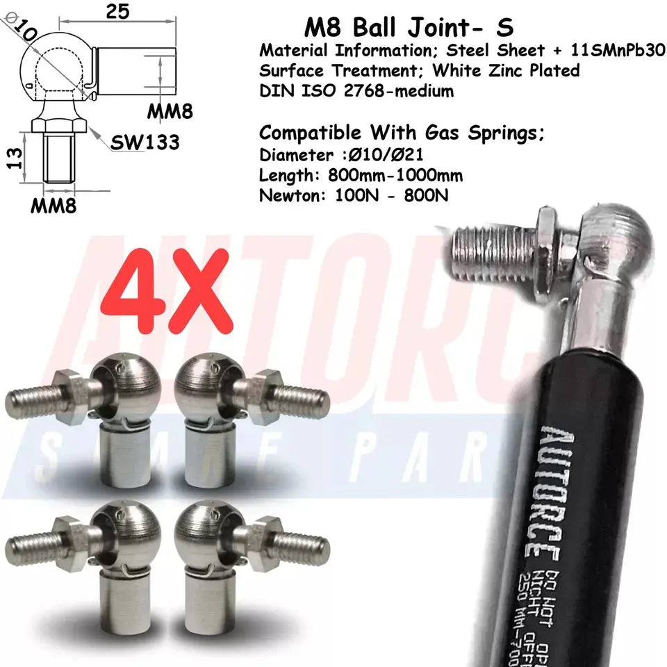 4 Piece Set of M6 M8 M10 Ball Joint Heads for Gas Struts End Fittings Ball Stud Boot Bonnet or Universal Gas Lift Heads