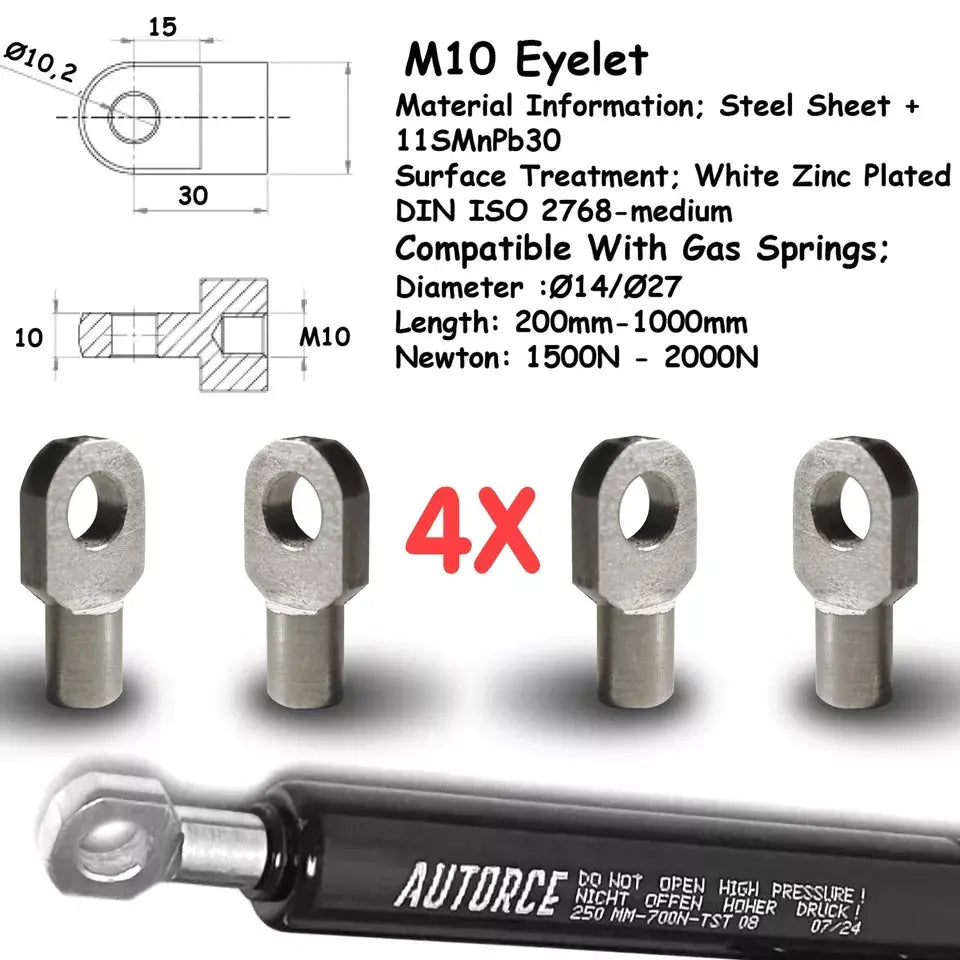 4 Piece Set of M6 M8 M10 Eyelet Heads for Gas Struts End Fittings Eyelet Boot Bonnet or Universal Gas Lift Heads